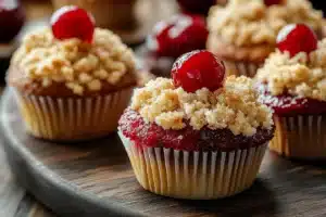 Freshly baked cherry cobbler muffins with a golden crust and cherry topping