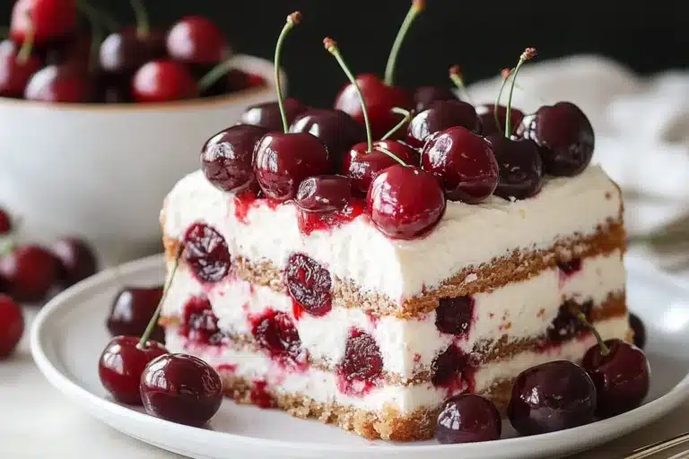 Delicious homemade Cherry Tiramisu dessert in a serving dish