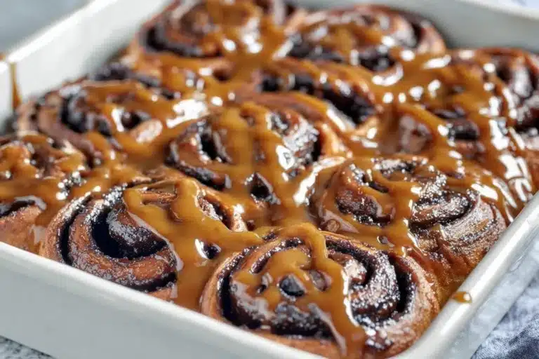 Freshly baked Chocolate Cinnamon Rolls topped with rich chocolate glaze