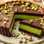 Decadent Chocolate Pistachio Ganache Tart with a rich chocolate glaze.