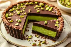 Decadent Chocolate Pistachio Ganache Tart with a rich chocolate glaze.
