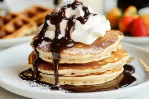 Delicious churro pancakes topped with cinnamon and sugar