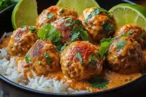 Coconut curry meatballs served in a vibrant bowl with fresh herbs