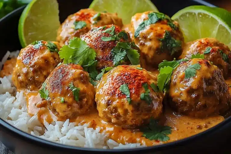 Coconut curry meatballs served in a vibrant bowl with fresh herbs