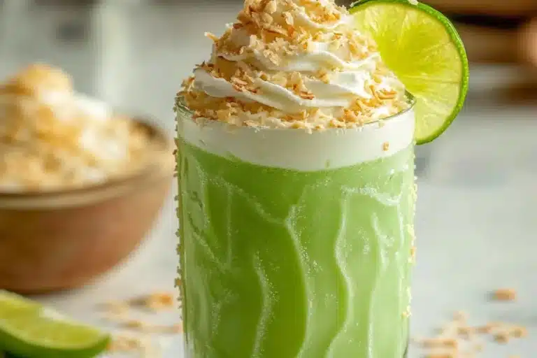 Delicious Coconut Key Lime Pie Smoothie topped with lime slices and coconut flakes
