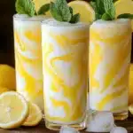 Glass of condensed milk lemonade with lemon slices and mint leaves