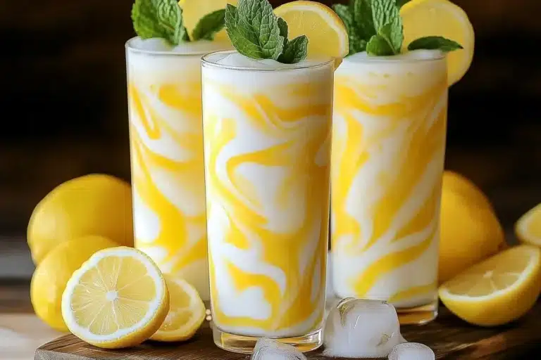 Glass of condensed milk lemonade with lemon slices and mint leaves