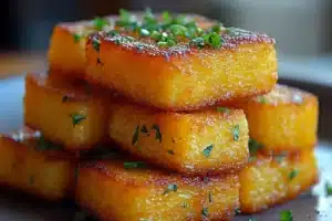 Freshly baked cornmeal muffins on a wooden table.