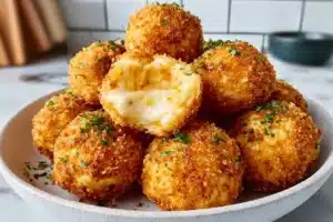 Crispy air fryer potato balls served on a plate, golden and appetizing.
