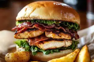 Crispy Chicken and Cheese Ciabatta Sandwich 8 Crispy Chicken and Cheese Ciabatta Sandwich with fresh ingredients