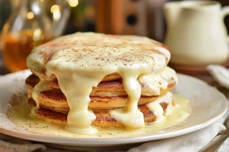 Stack of fluffy eggnog pancakes topped with whipped cream and cinnamon