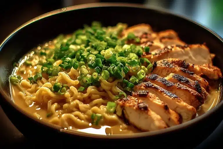 Bowl of fiery chicken ramen with creamy garlic sauce and fresh toppings