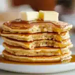 Delicious stack of French Toast Pancakes topped with syrup and berries