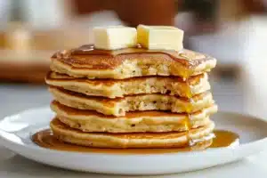 Delicious stack of French Toast Pancakes topped with syrup and berries