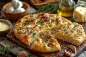 Homemade Garlic Parmesan Focaccia bread with herbs and garlic topping