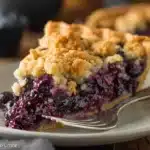 Slice of German Blueberry Cake topped with fresh blueberries