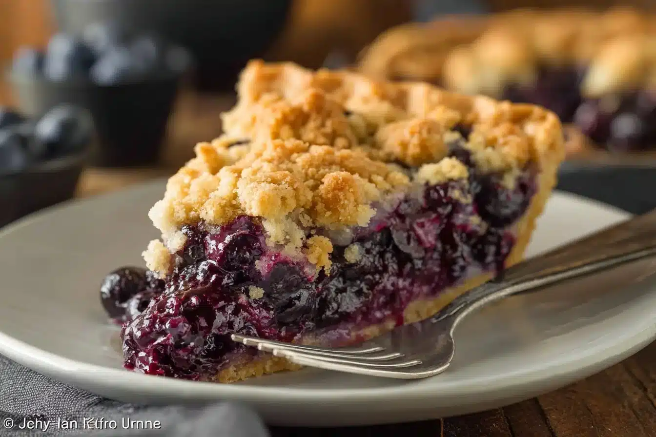 Slice of German Blueberry Cake topped with fresh blueberries