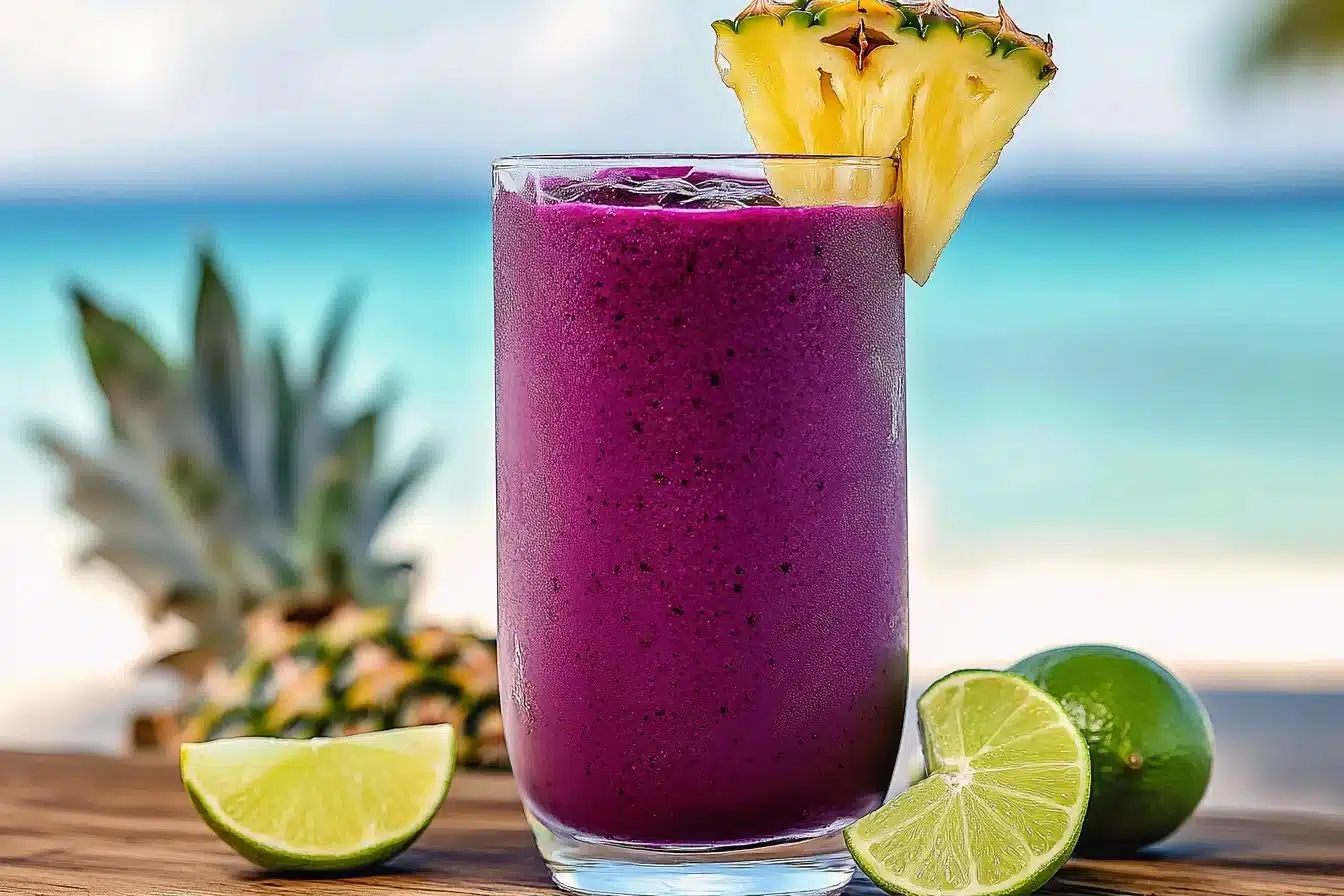 Hibiscus tea pineapple smoothie served in a glass with fresh fruit garnish