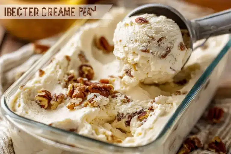 Bowl of homemade butter pecan ice cream with pecans on top