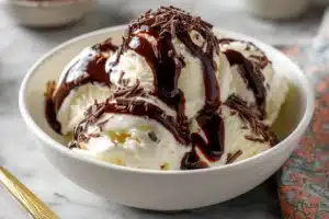 A bowl of creamy homemade vanilla ice cream topped with chocolate sauce
