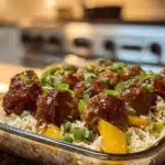 Honey garlic meatballs with rice bake served in a bowl