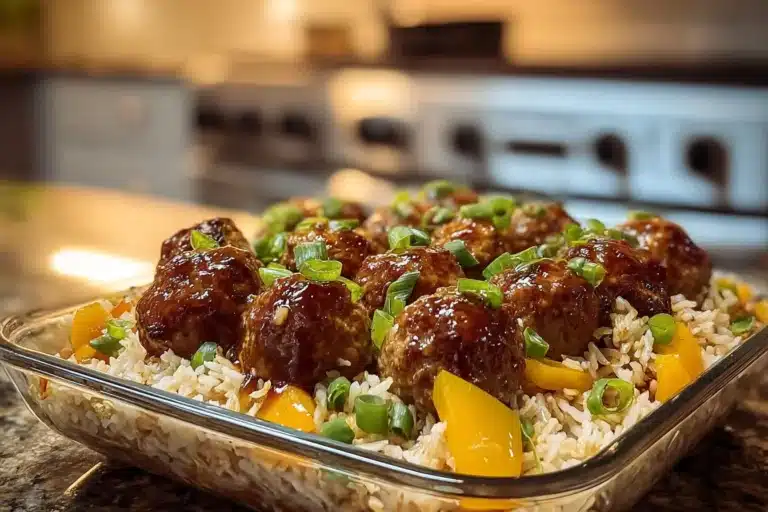 Honey garlic meatballs with rice bake served in a bowl