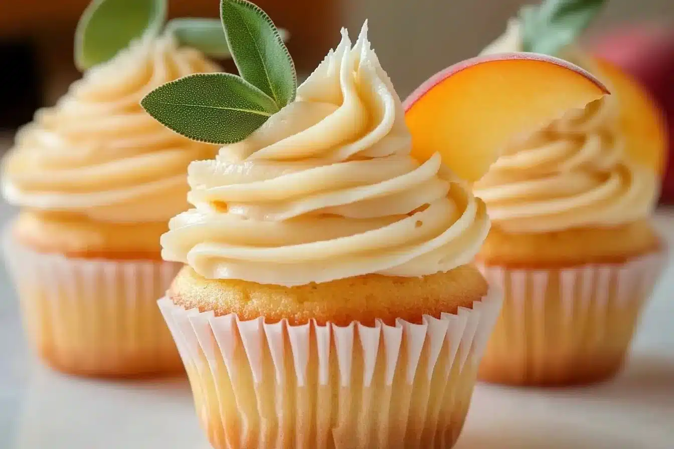 Delicious Honey Peach Cream Cheese Cupcakes with creamy frosting and fresh peaches