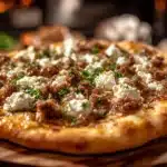 Delicious Hot Sausage Feta Honey Pizza topped with spicy sausage and drizzled with honey