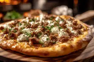 Delicious Hot Sausage Feta Honey Pizza topped with spicy sausage and drizzled with honey