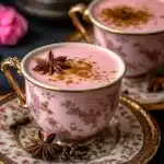 A steaming cup of Kashmiri Pink Tea garnished with spices and nuts.