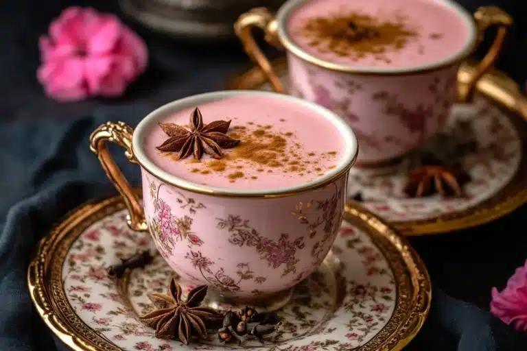 A steaming cup of Kashmiri Pink Tea garnished with spices and nuts.