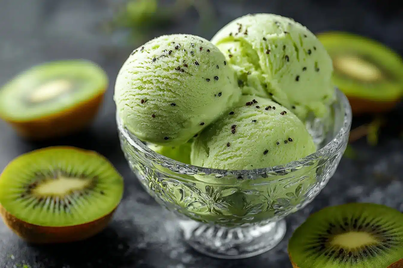 A vibrant bowl of homemade Kiwi Sorbet topped with kiwi slices.