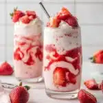 A glass of Korean Strawberry Milk topped with fresh strawberries and whipped cream.