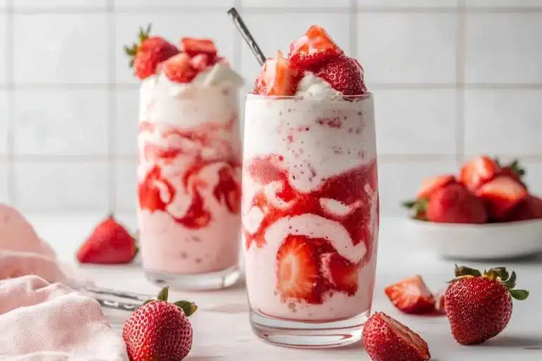 A glass of Korean Strawberry Milk topped with fresh strawberries and whipped cream.