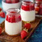 Deliciously creamy Korean strawberry milk served in a glass with fresh strawberries.