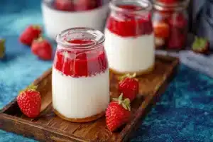 Deliciously creamy Korean strawberry milk served in a glass with fresh strawberries.