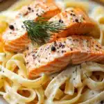 Plate of Lemon Dill Salmon Pasta garnished with fresh herbs and lemon slices.