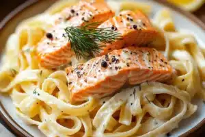 Lemon Dill Salmon Pasta 8 Plate of Lemon Dill Salmon Pasta garnished with fresh herbs and lemon slices.