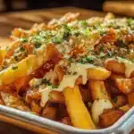 Loaded Cajun fries with cheese and Voodoo sauce served in a bowl