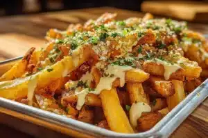 Loaded Cajun Fries with Cheese and Voodoo Sauce Recipe 7 Loaded Cajun fries with cheese and Voodoo sauce served in a bowl