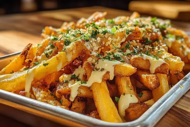 Loaded Cajun fries with cheese and Voodoo sauce served in a bowl