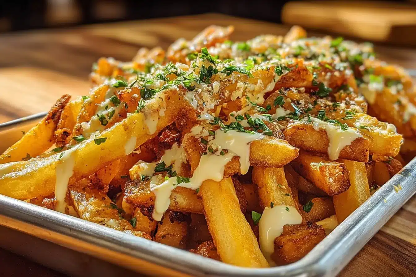 Loaded Cajun fries with cheese and Voodoo sauce served in a bowl