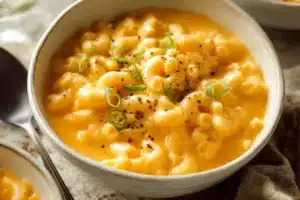 Bowl of creamy Mac and Cheese Soup topped with cheese and herbs