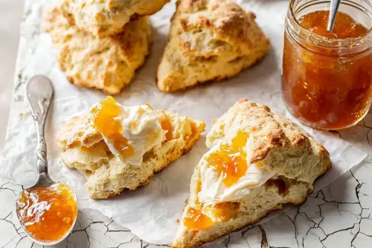 Mango White Chocolate Scones fresh out of the oven, displaying a delightful golden hue.