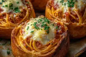 A hearty meat sauce pasta bowl topped with fresh herbs and cheese.