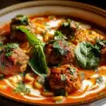 Hearty meatball soup with vegetables and herbs in a bowl