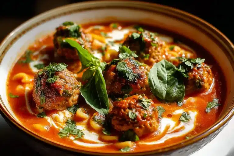 Hearty meatball soup with vegetables and herbs in a bowl