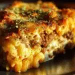 Baked Meatloaf Mac and Cheese Casserole topped with crispy breadcrumbs and cheese