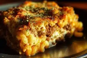 Baked Meatloaf Mac and Cheese Casserole topped with crispy breadcrumbs and cheese