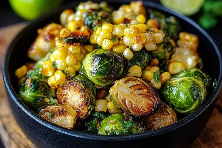 Mexican Street Corn Brussels Sprouts recipe featuring grilled corn and spices